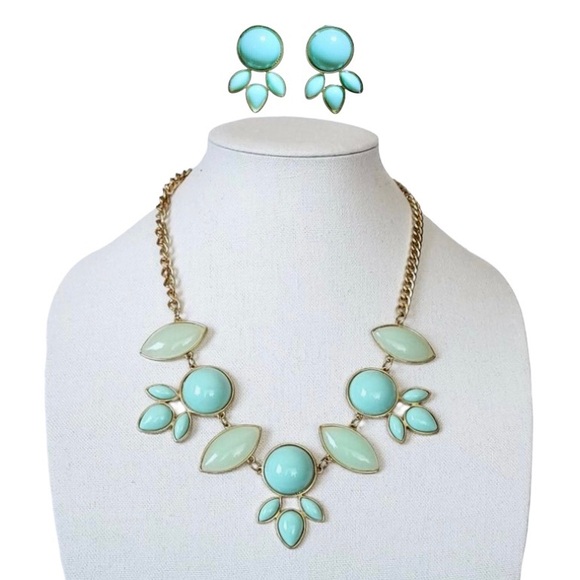 Teal Cabochon Statement Necklace & Earrings Set Gold Tone Chain Jewelry Vintage - Picture 3 of 15